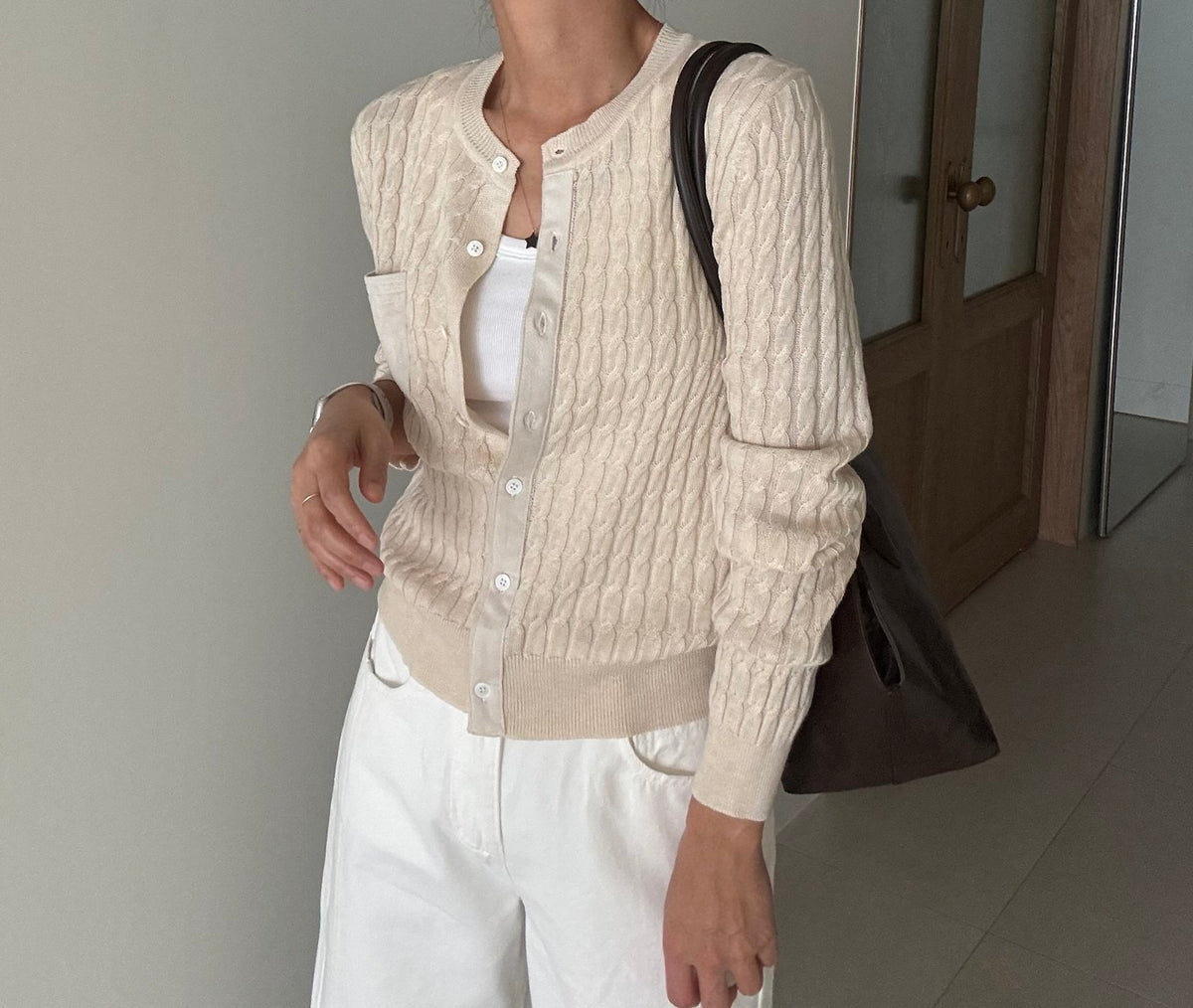 MOMS WEAR Touch Cable Knit Suede Contrast Cable Wool Office Button Cardigan