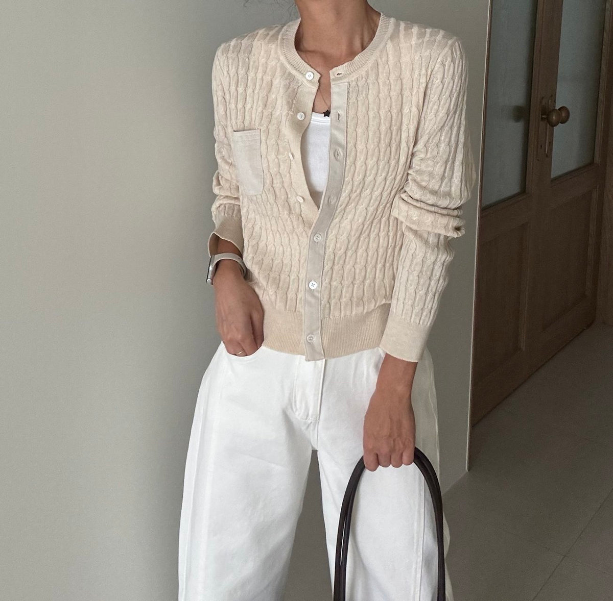MOMS WEAR Touch Cable Knit Suede Contrast Cable Wool Office Button Cardigan