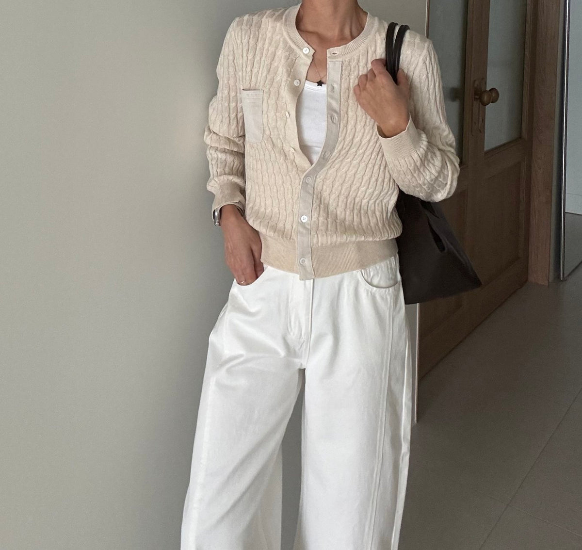 MOMS WEAR Touch Cable Knit Suede Contrast Cable Wool Office Button Cardigan
