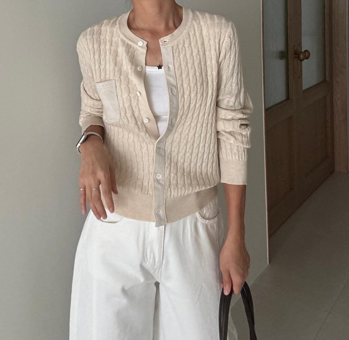 MOMS WEAR Touch Cable Knit Suede Contrast Cable Wool Office Button Cardigan