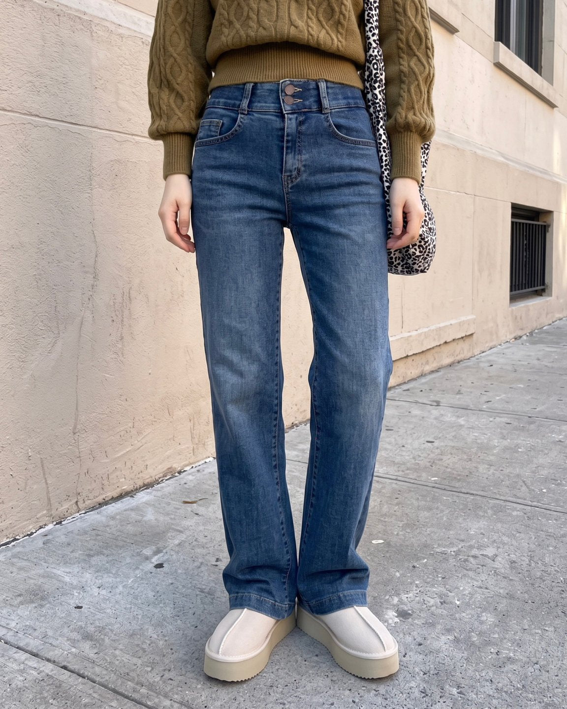 MOMS WEAR HOWLUK Two button wide denim pants (Fleece inside)