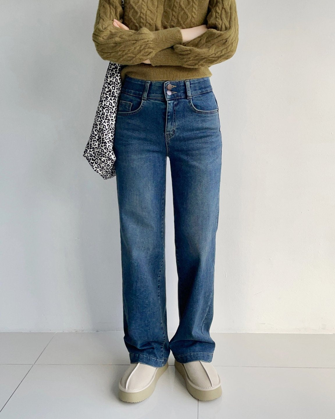 MOMS WEAR HOWLUK Two button wide denim pants (Fleece inside)